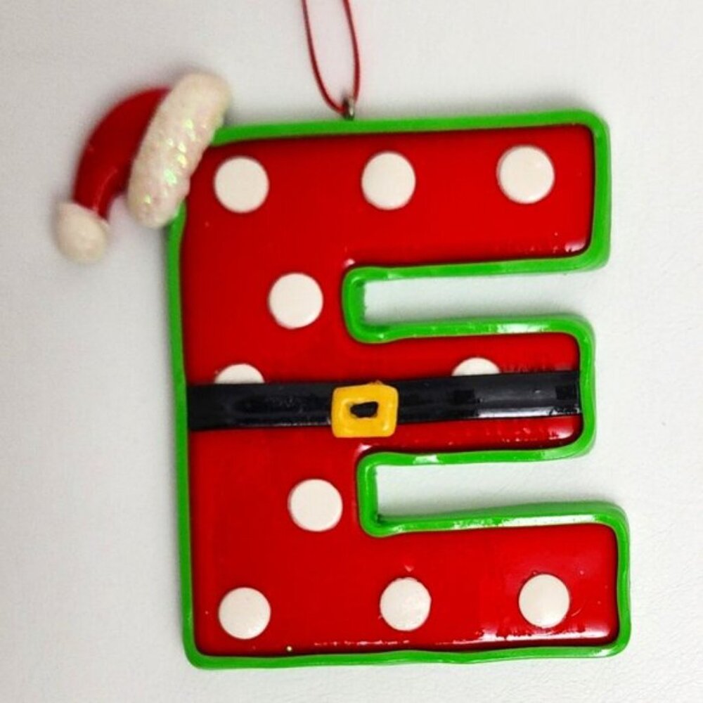 SANTA INITIAL LETTER "E" CHRISTMAS ORNAMENT CHRISTMAS RED/LIME GREEN WITH DOTS